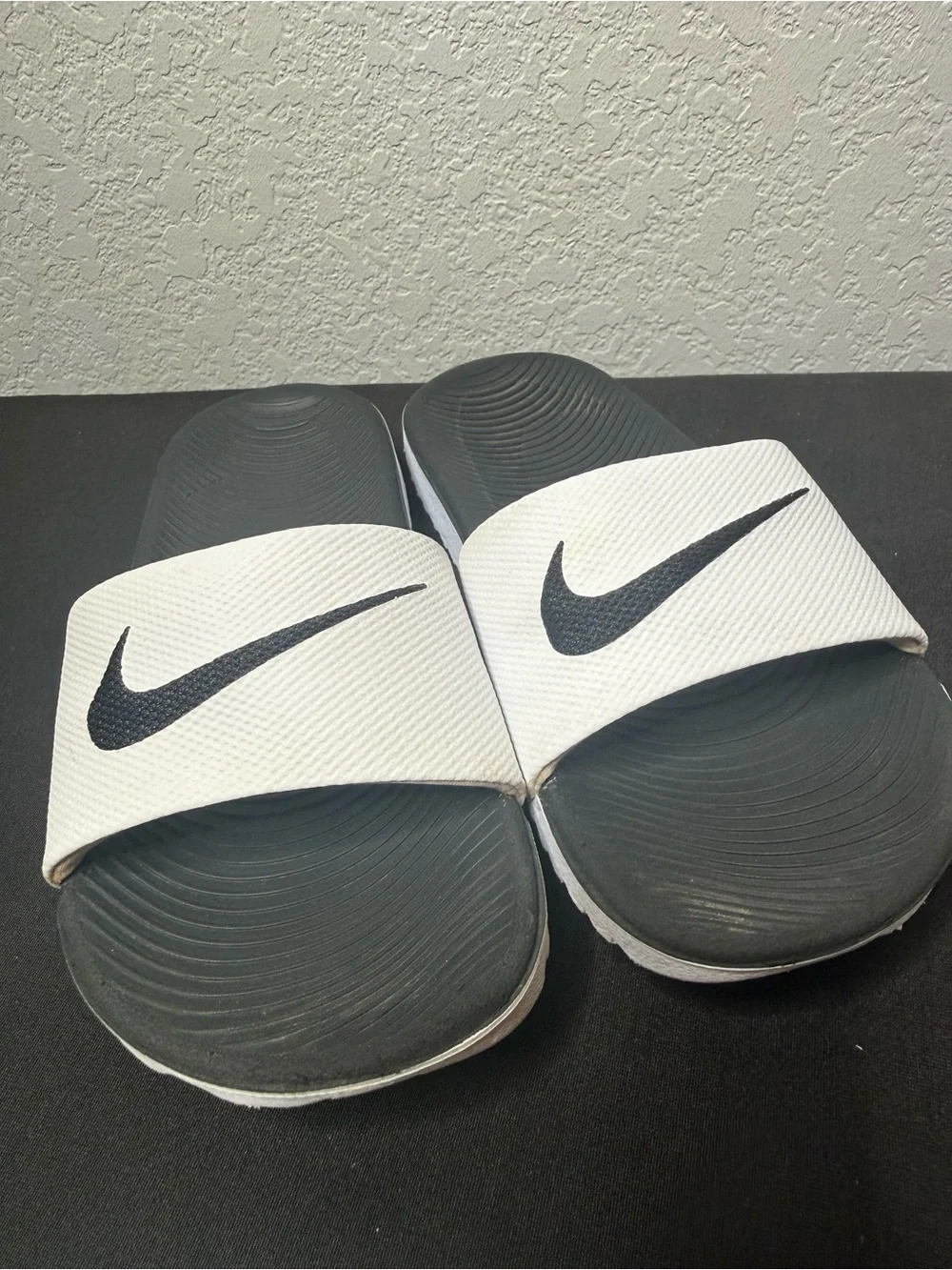 2 pairs Nike Kids Slide Sandals in Black & White with Swoosh size 12c